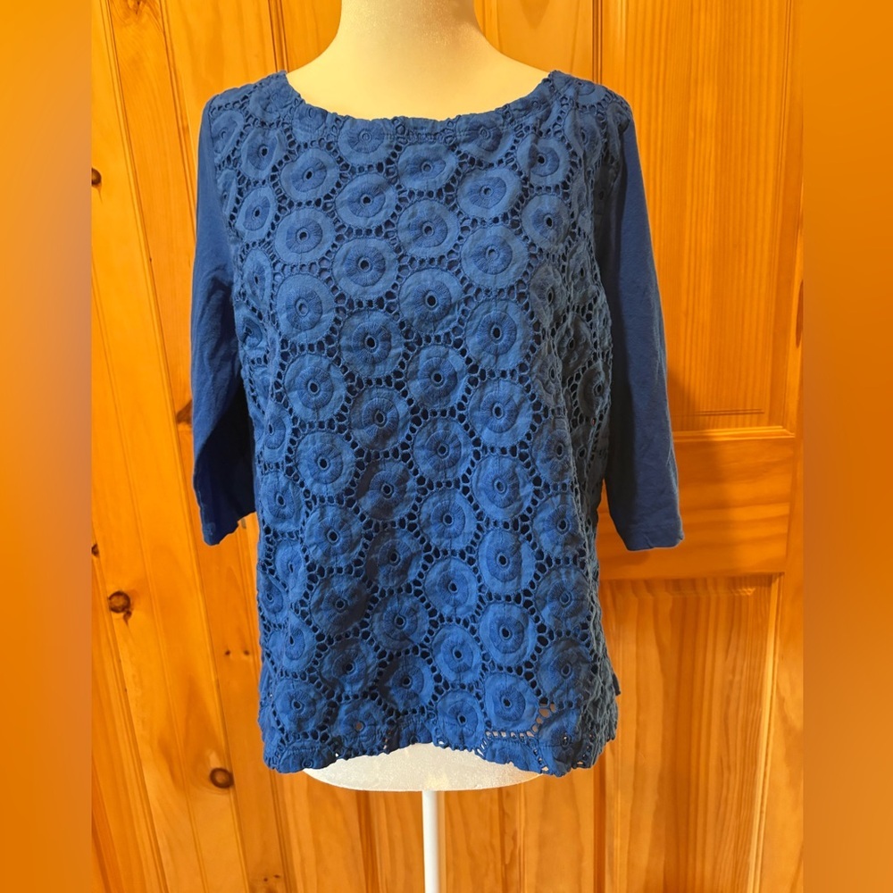 J.Crew Royal Blue 3/4 sleeve cotton eyelet top women’s L